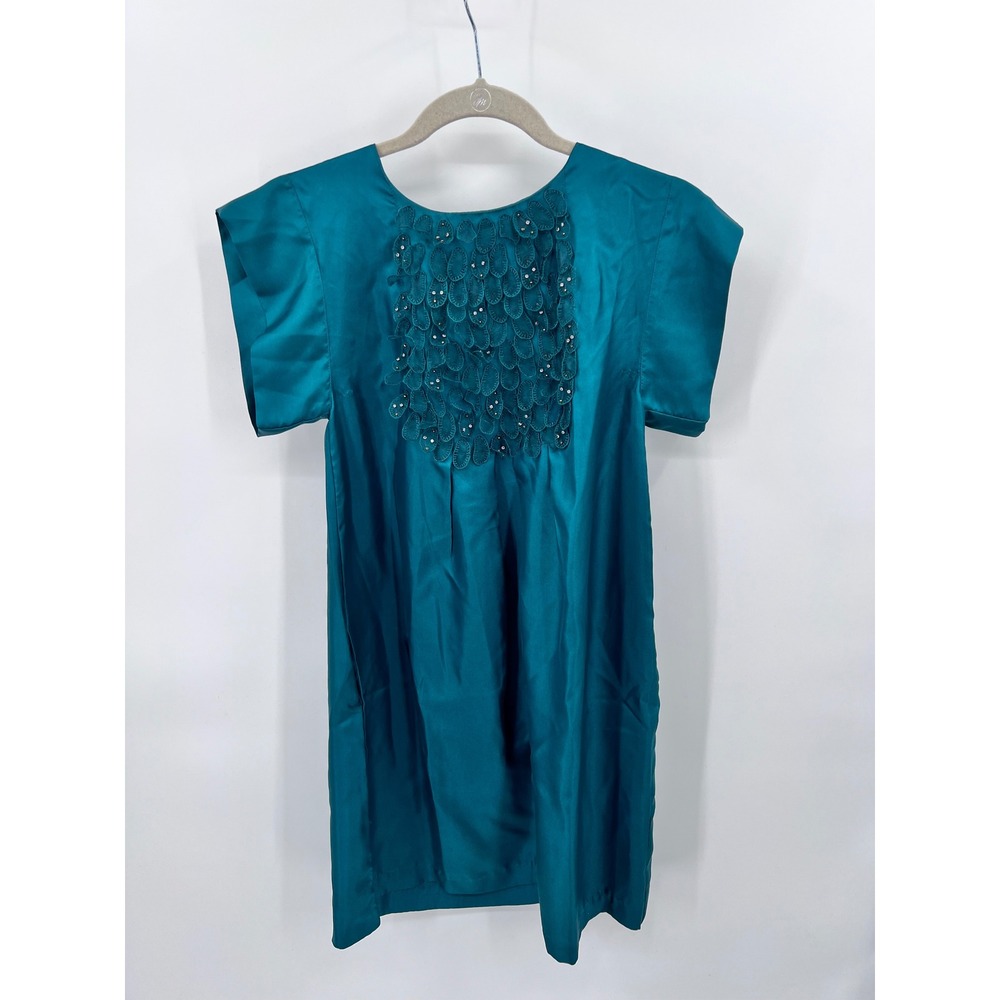 Paul & Joe Sister Teal 100% Silk Petal Rhinestone Bib Shift Dress‎ Size 40